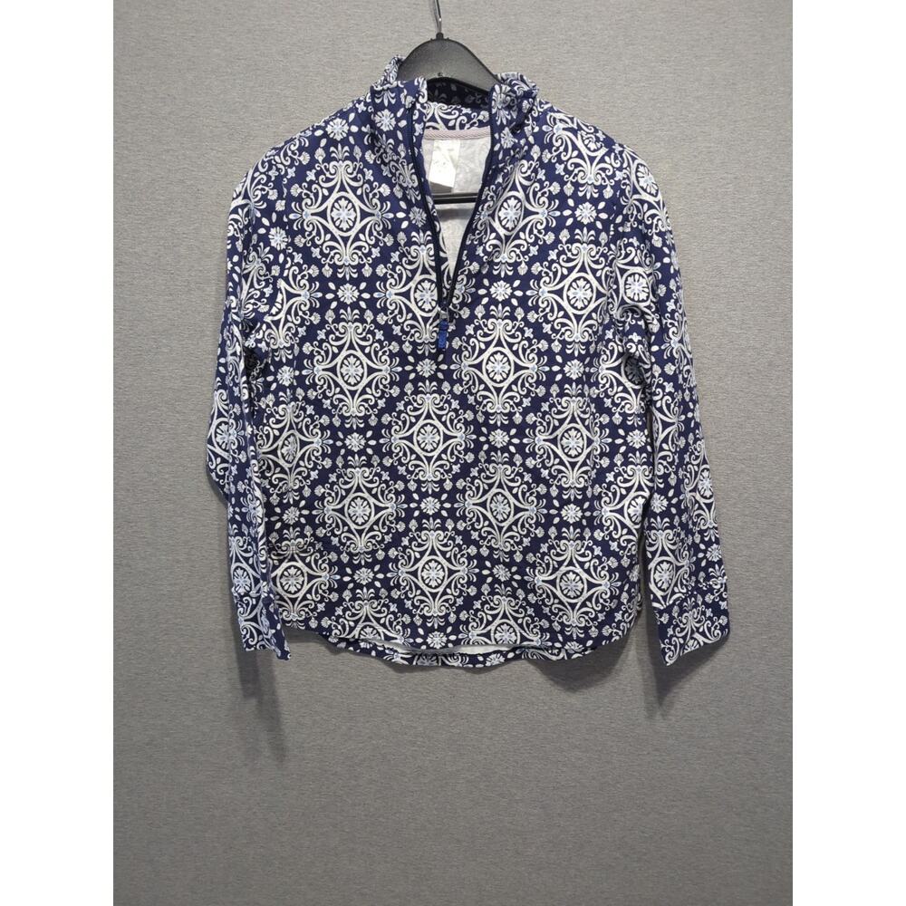VERA BRADLEY Womens Blue Damask Print Quarter Zip Size M Preppy Coastal Classic